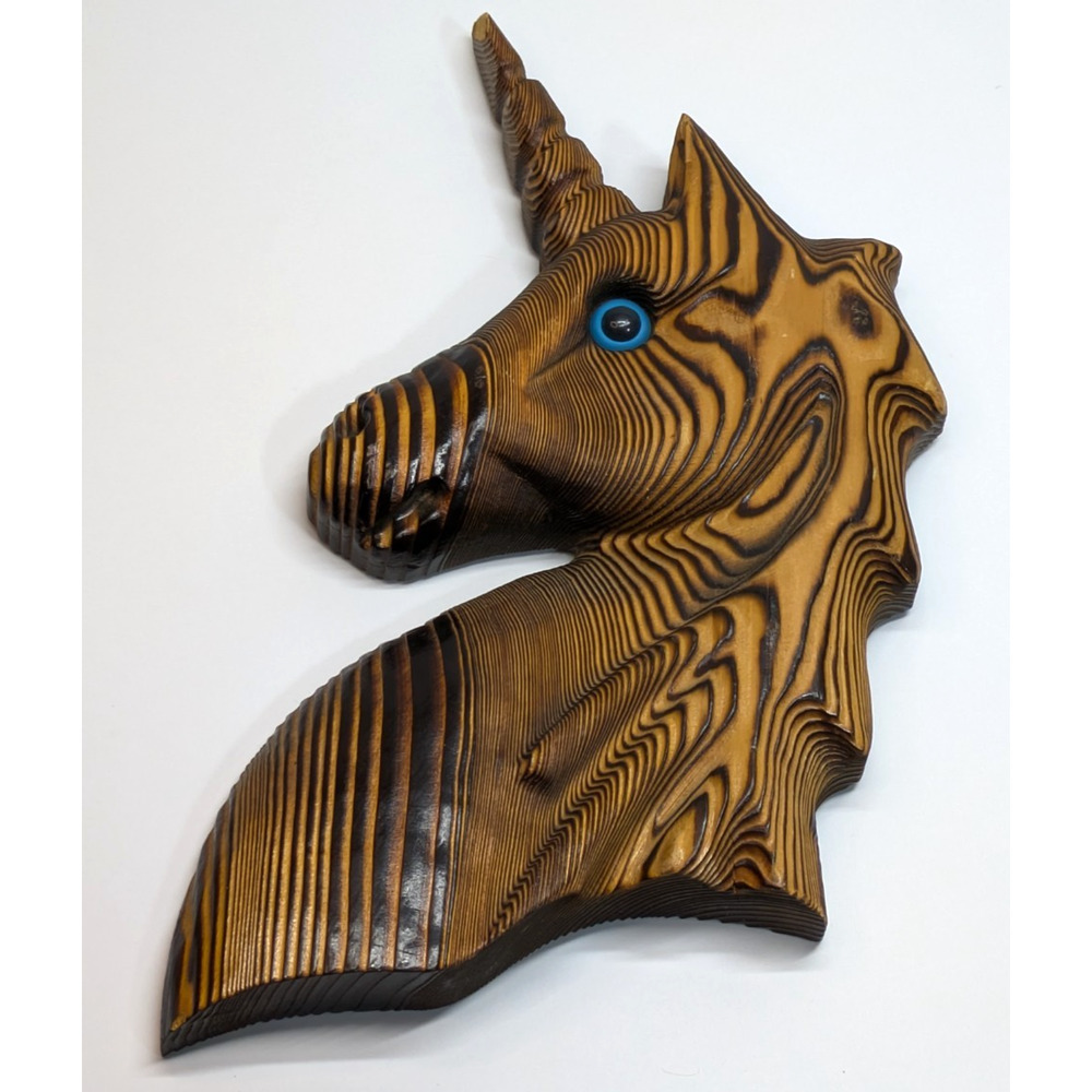 VTG Cryptomeria Carved Wood Unicorn Head RARE Blue Resin Eye Wall Hanging 13.5"